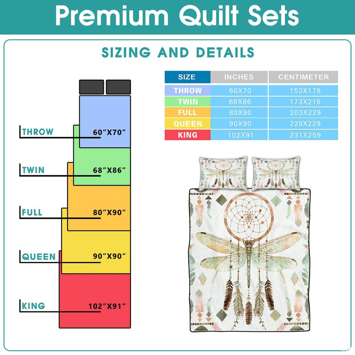 Dragonfly dreamcatcher bedding sizing infographic