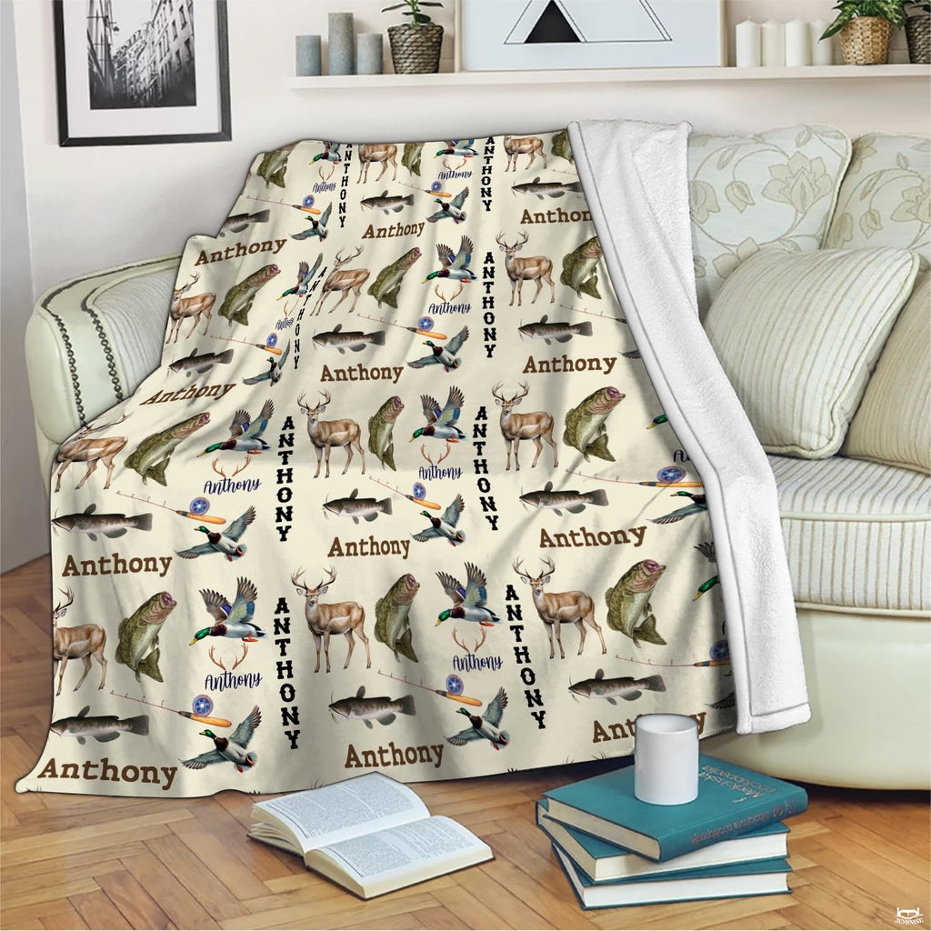 Rustic wildlife hunting and fishing throw blanket draped across a living room armchair