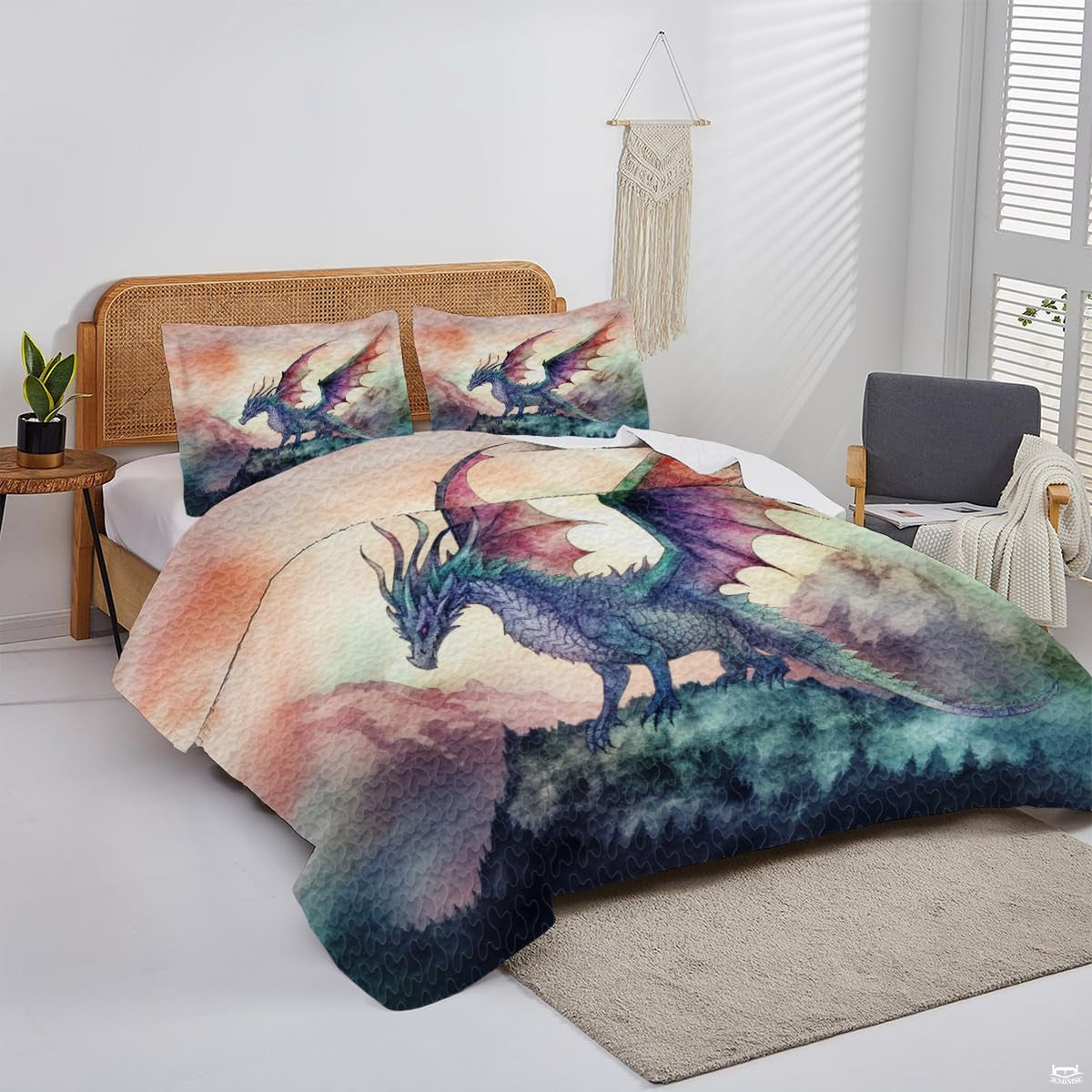Pastel watercolor dragon artwork displayed in a bright bedroom