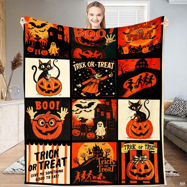 Vintage Halloween collage throw blanket view 2 highlighting retro comic art, pumpkins, and black cats