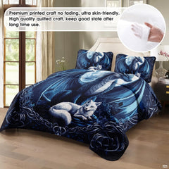 Moonlit blue dragon and white fox artwork displayed on a bed