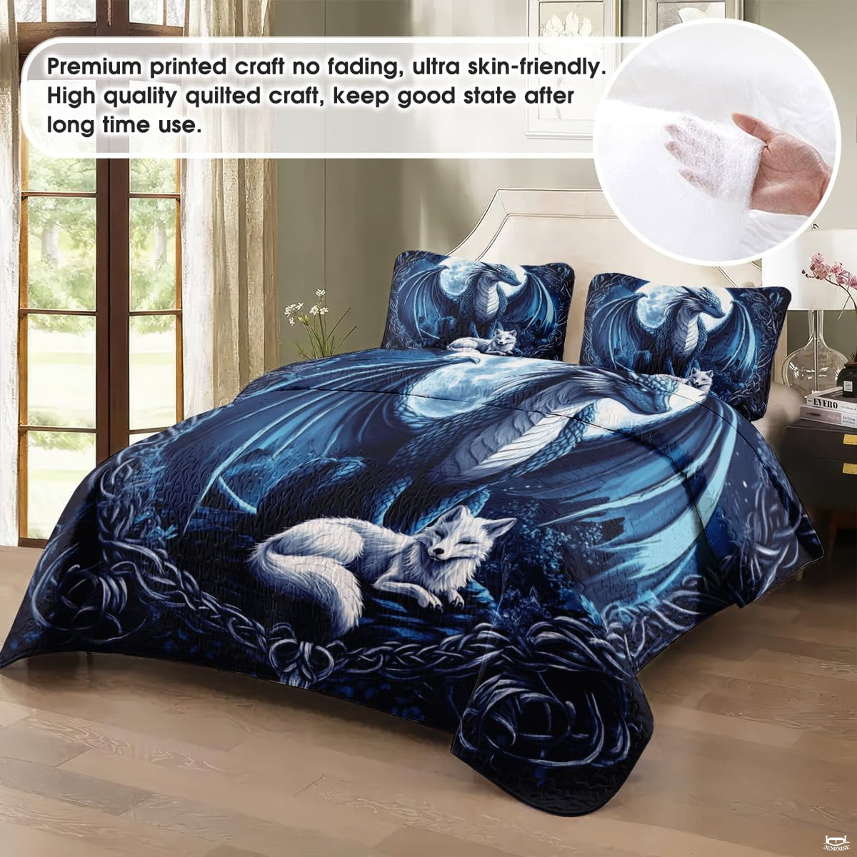 Moonlit blue dragon and white fox artwork displayed on a bed
