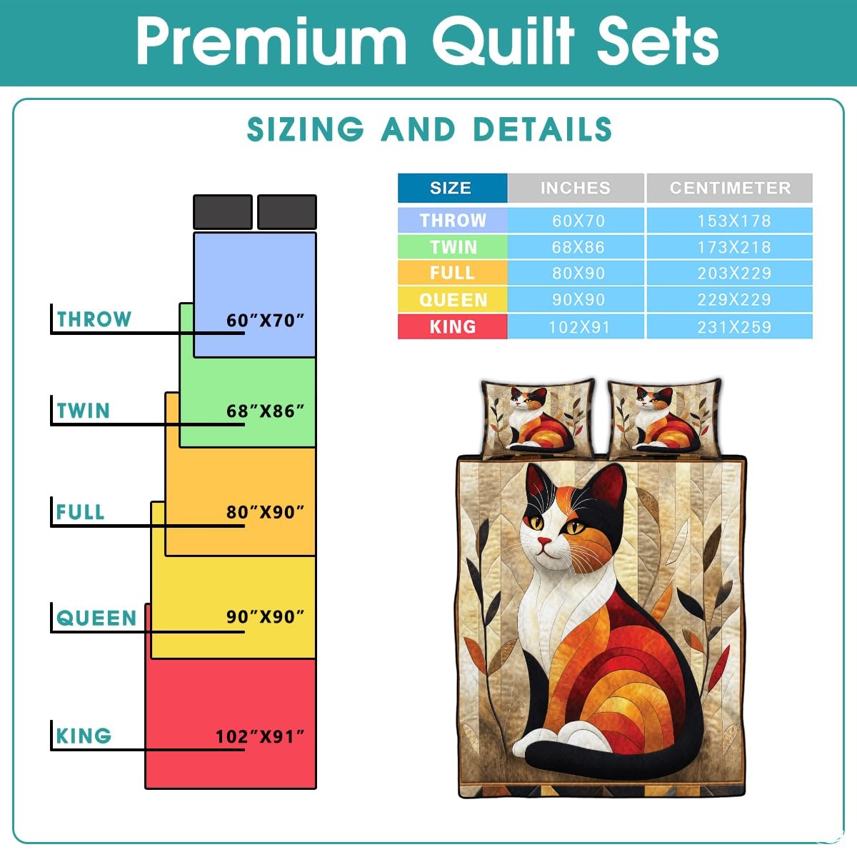 Cat Quilt Set - Cat Patchwork Style Printed Bedding, Animal Patchwork Bedset, Farmhouse Blanket with Pillowcases, Premium Quilt Pattern Bedding Set, Twin Full Queen Size