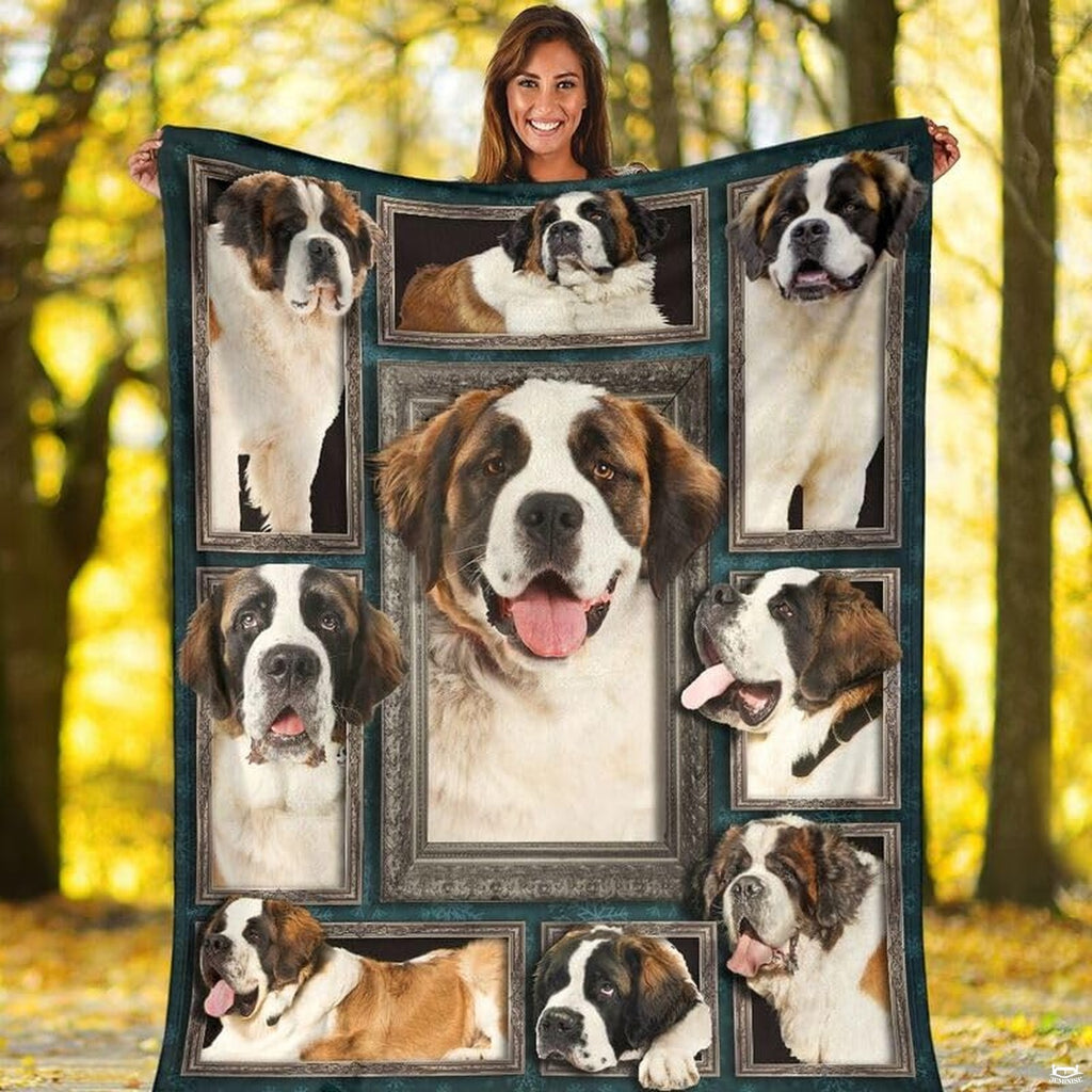 Outdoor view of a model holding up the full Saint Bernard gallery throw blanket.