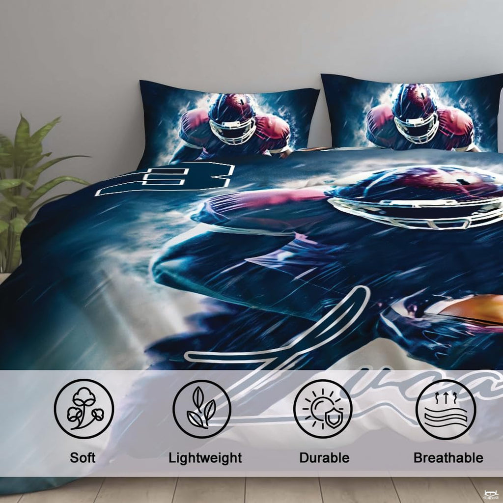 Corner angle of sports bedding highlighting rich maroon tones and brilliant cyan mist graphic print