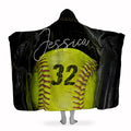 Optic yellow softball in black fielder mitt graphic blanket front view