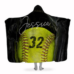 Optic yellow softball in black fielder mitt graphic blanket front view