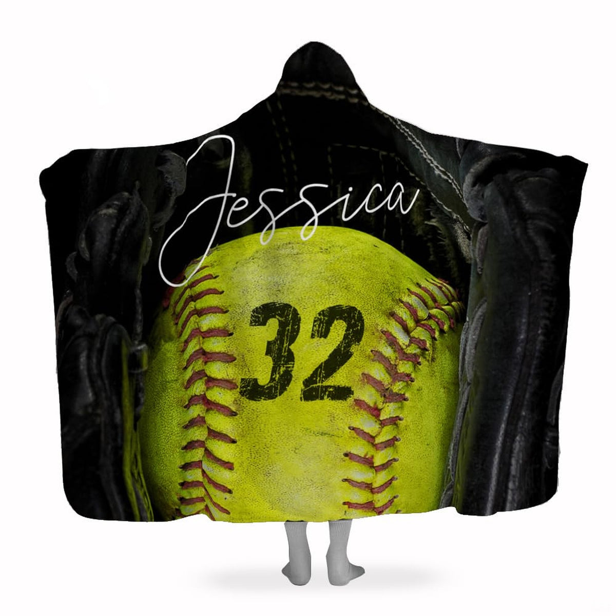 Optic yellow softball in black fielder mitt graphic blanket front view