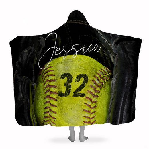 Optic yellow softball in black fielder mitt graphic blanket front view