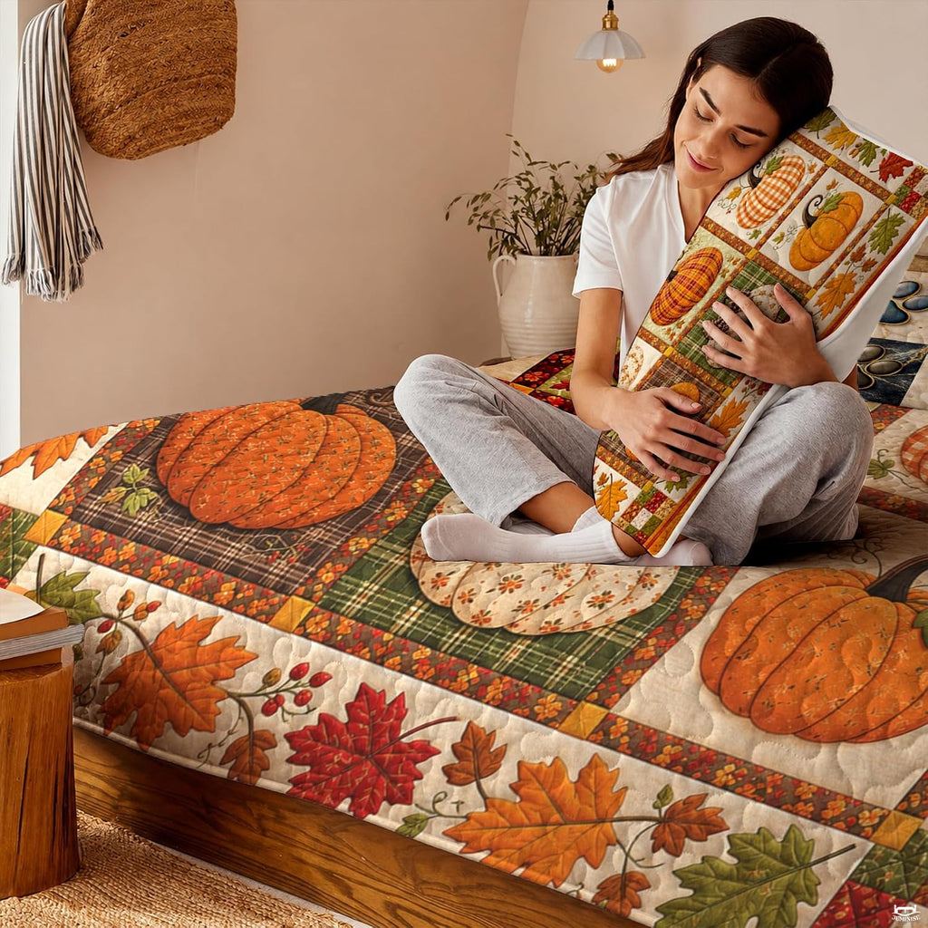 Seasonal bedroom presentation highlighting a colorful harvest pumpkin bedding set