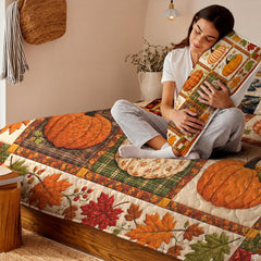 Seasonal bedroom presentation highlighting a colorful harvest pumpkin bedding set