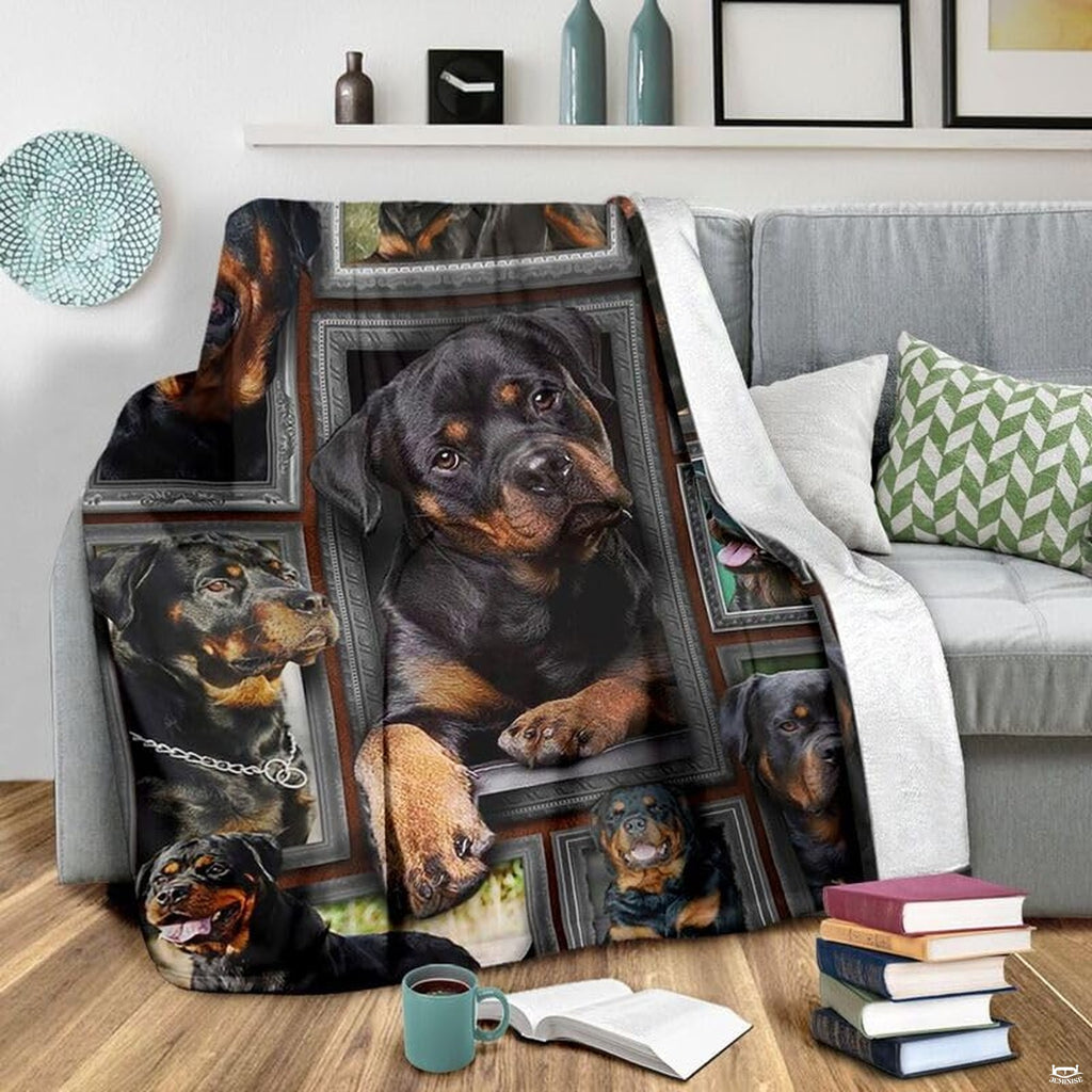 Grey couch arrangement featuring the Rottweiler blanket draped beside patterned pillows.