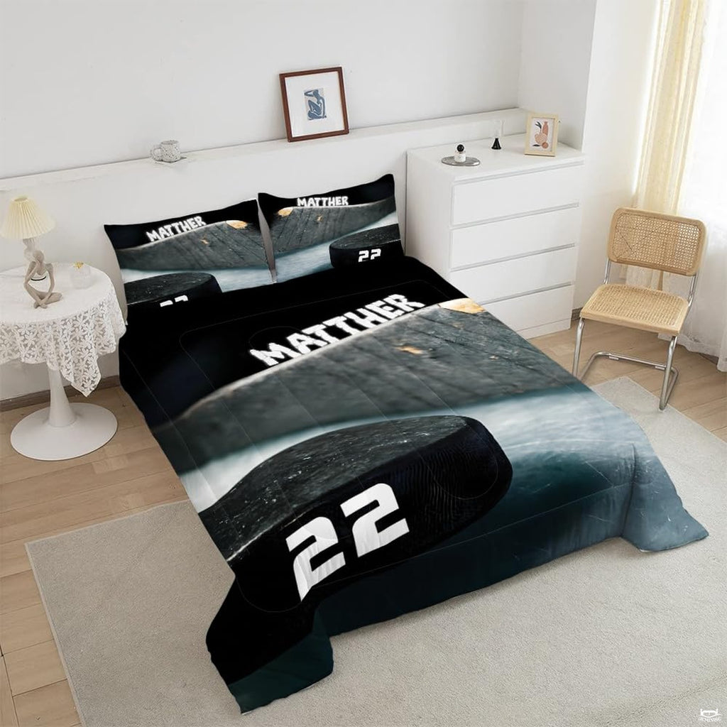 Close-up perspective of hockey bedding highlighting goalie silhouette, ice spray effects, and equipment graphics