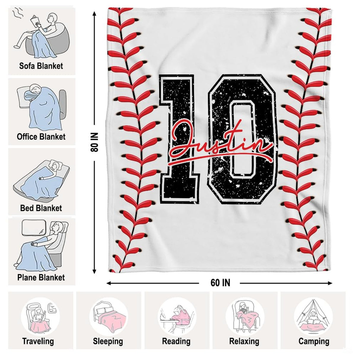 Baseball jersey number throw blanket folded neatly showing white ground and red baseball lacing