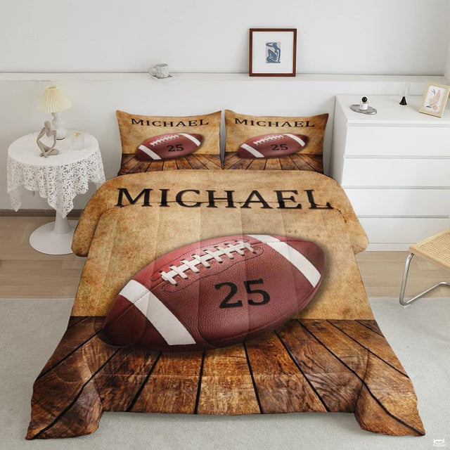 Khaki sand footballer athlete sports bedding featuring an athletic soccer player in motion on a bed