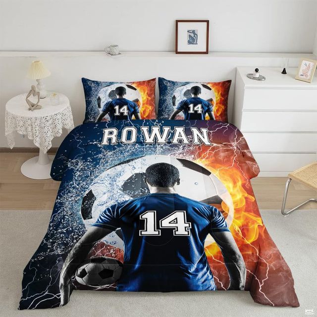 Navy and coral soccer cleats field bedding set displayed neatly on a bed in a sporty bedroom