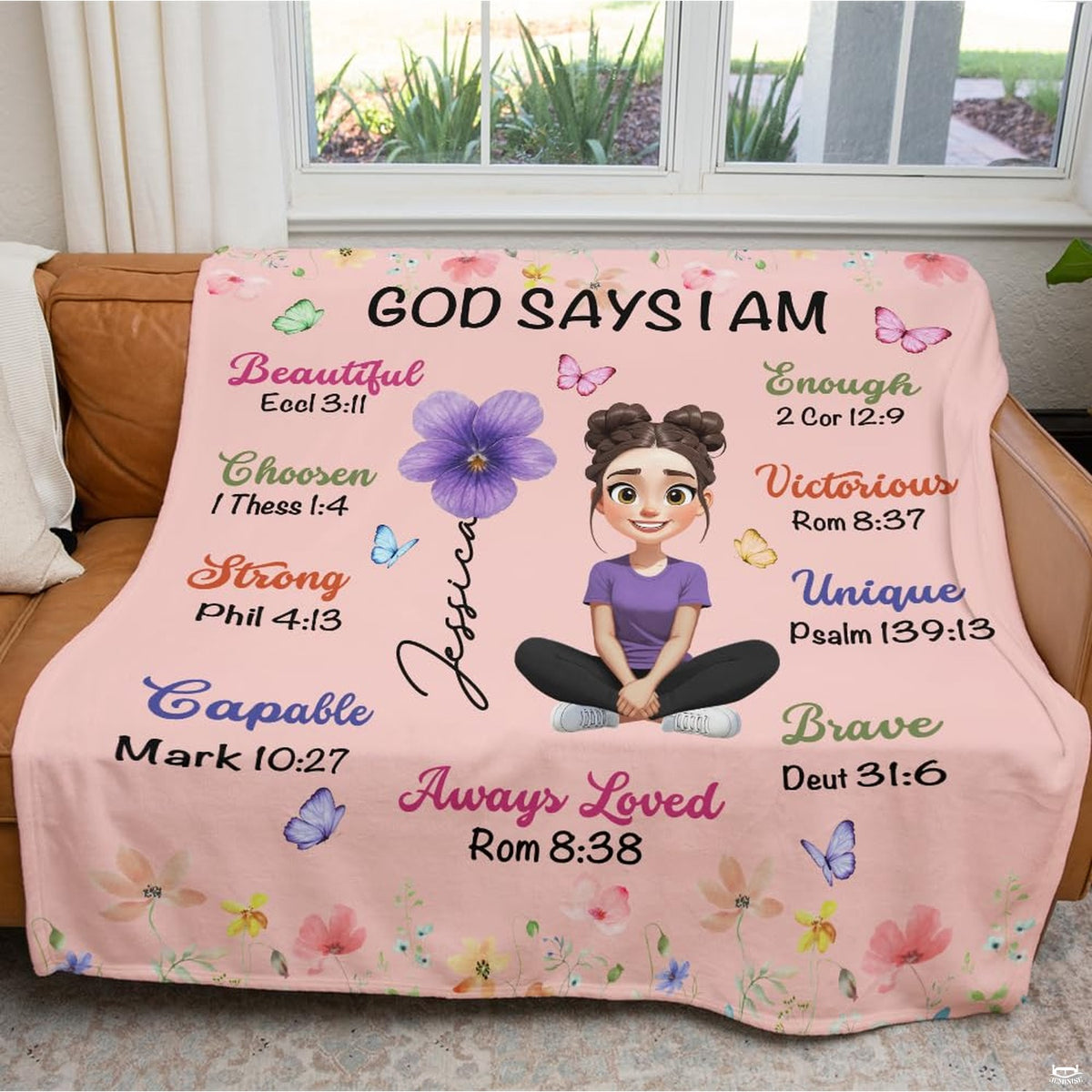 Inspirational scripture girl graphic blanket folded in bedroom space