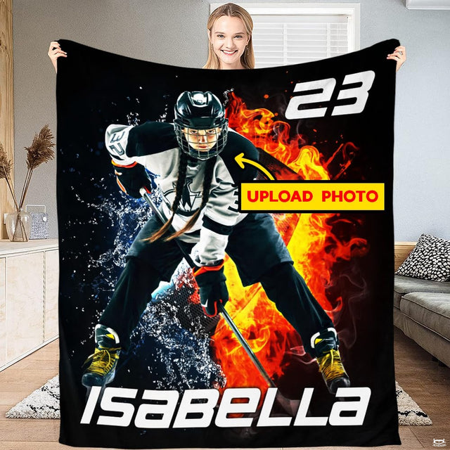 Ice hockey skater with elemental fire and splashing water graphics, view 1.