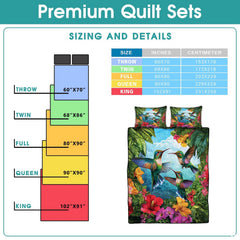 Tropical bird bedding sizing infographic