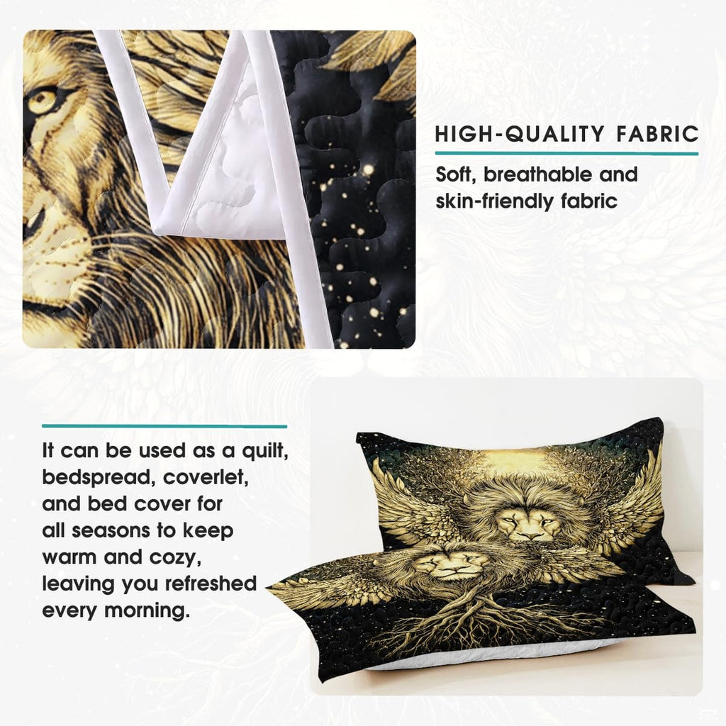Complete fantasy bedroom interior featuring winged lion Tree of Life celestial gold bedding and matching pillow covers