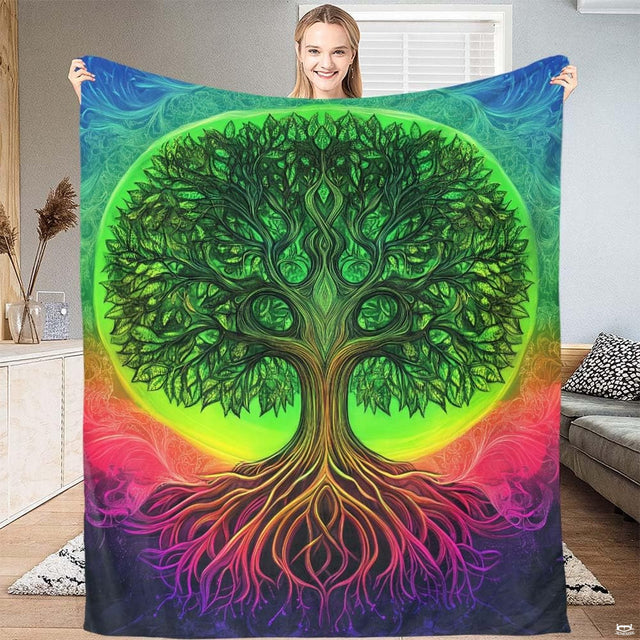 Neon green Tree of Life throw blanket displaying glowing lime sun disc and psychedelic magenta roots