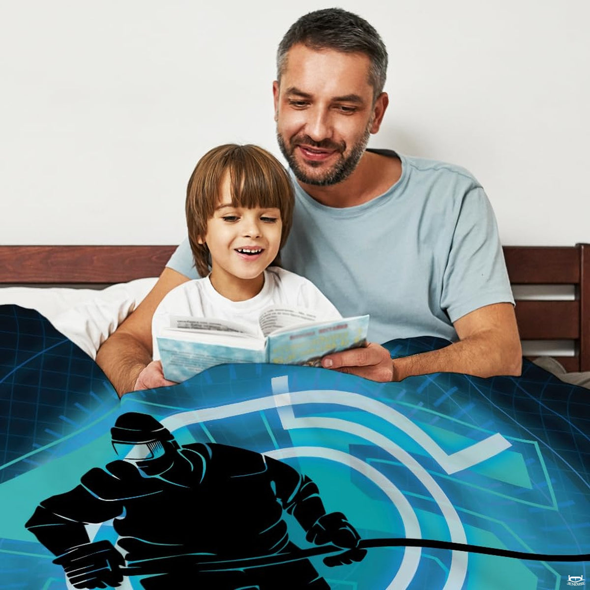 Ice hockey skater blanket draped over an armchair in a sunlit living room setting.