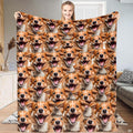 All-over smiling brown and white dog face collage pattern displayed across an inviting bedroom bedding set.