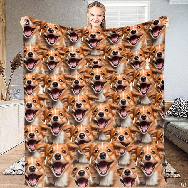 All-over smiling brown and white dog face collage pattern displayed across an inviting bedroom bedding set.
