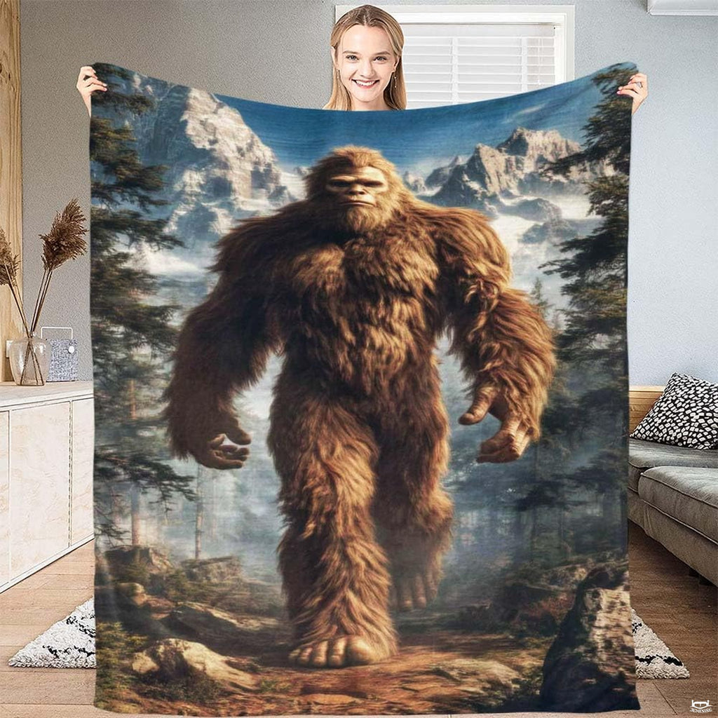 Bigfoot bedding set displaying a cryptid walking through alpine pines against misty snow peaks.