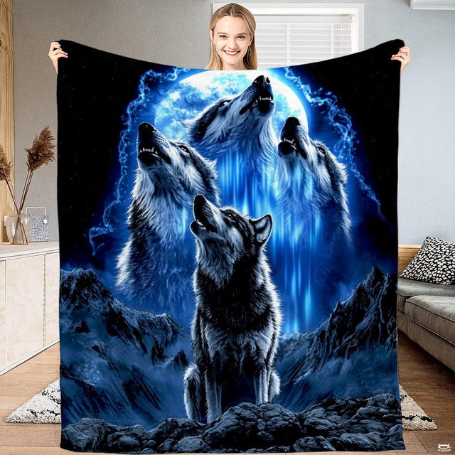 Silent night bedding sets featuring howling wolf pack beneath radiant thematic accent moon and cyan aurora lighting