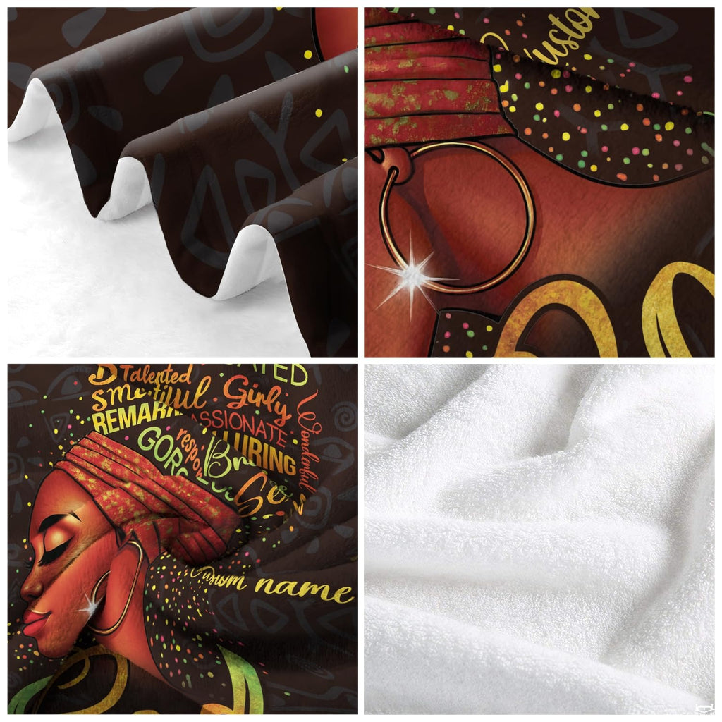 Flat overhead perspective showing full afro silhouette and affirmation layout on a throw blanket