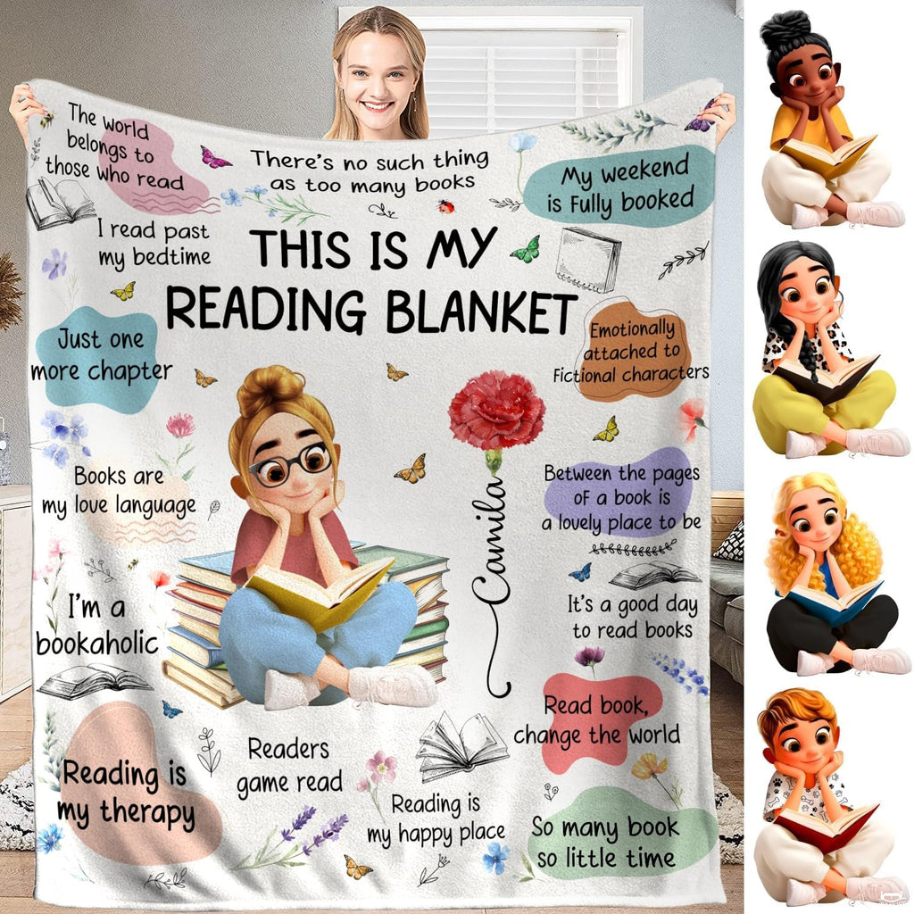Bookish sayings throw blanket displaying an illustrated reader girl seated on stacked novels amid quote shapes.