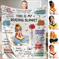 Bookish sayings throw blanket displaying an illustrated reader girl seated on stacked novels amid quote shapes.