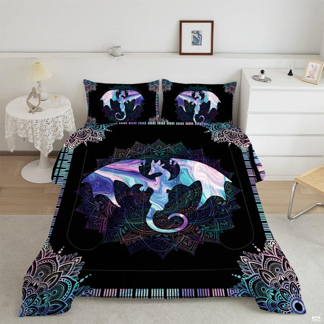 Overhead bedroom view of bohemian bedding featuring pastel marble dragon silhouette on intricate circular mandala.