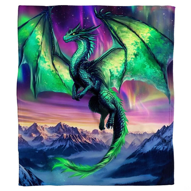 Aurora dragon throw blanket displaying an emerald winged serpent soaring over snow-capped mountains.