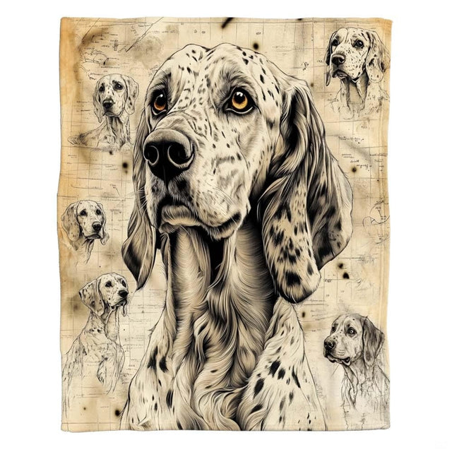 English Setter anatomical sketches with technical draft markings on aged parchment, view 2.