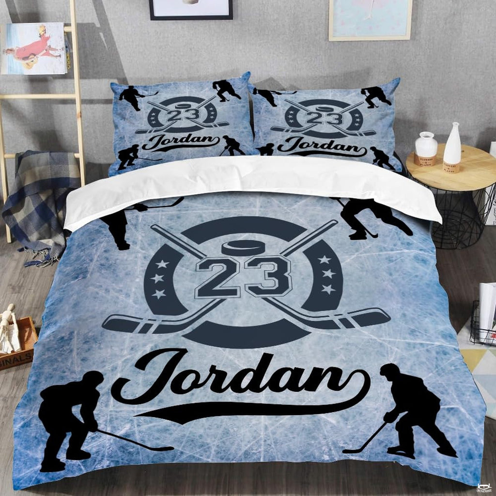 Top-down view of ice hockey skater bedding set arranged neatly on a youth bedroom mattress