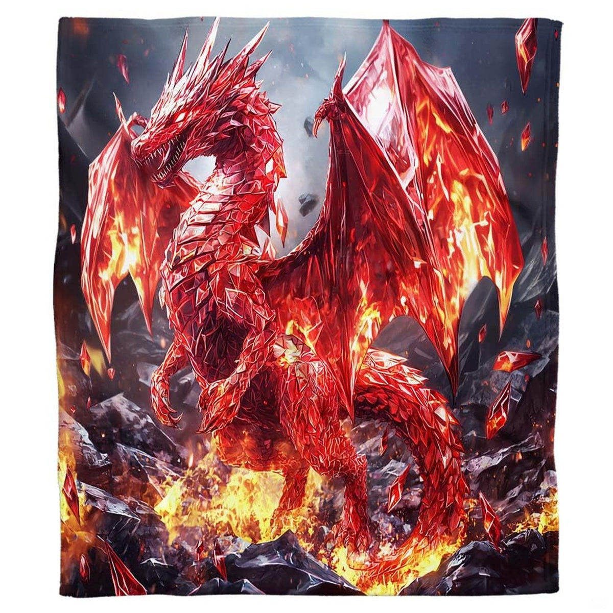 Ruby crystal dragon throw blanket displaying a faceted scarlet gemstone beast standing in volcanic fire.