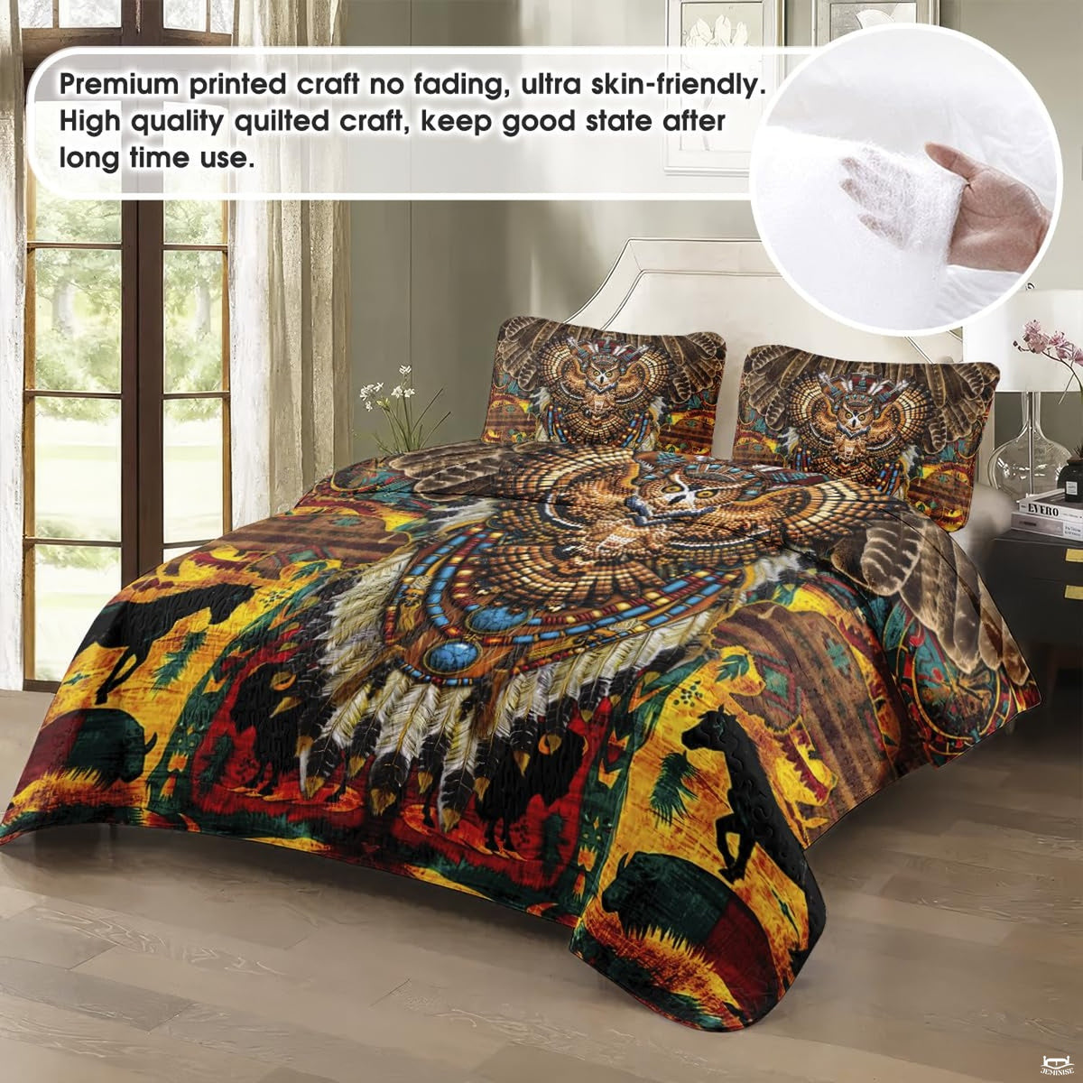 Close-up view of eagle bedding highlighting detailed soaring eagle artwork, dreamcatcher, and feathers