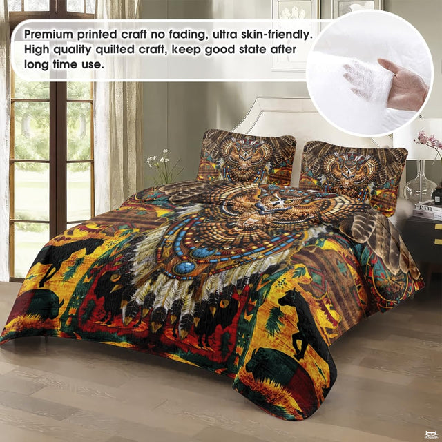 Close-up view of eagle bedding highlighting detailed soaring eagle artwork, dreamcatcher, and feathers