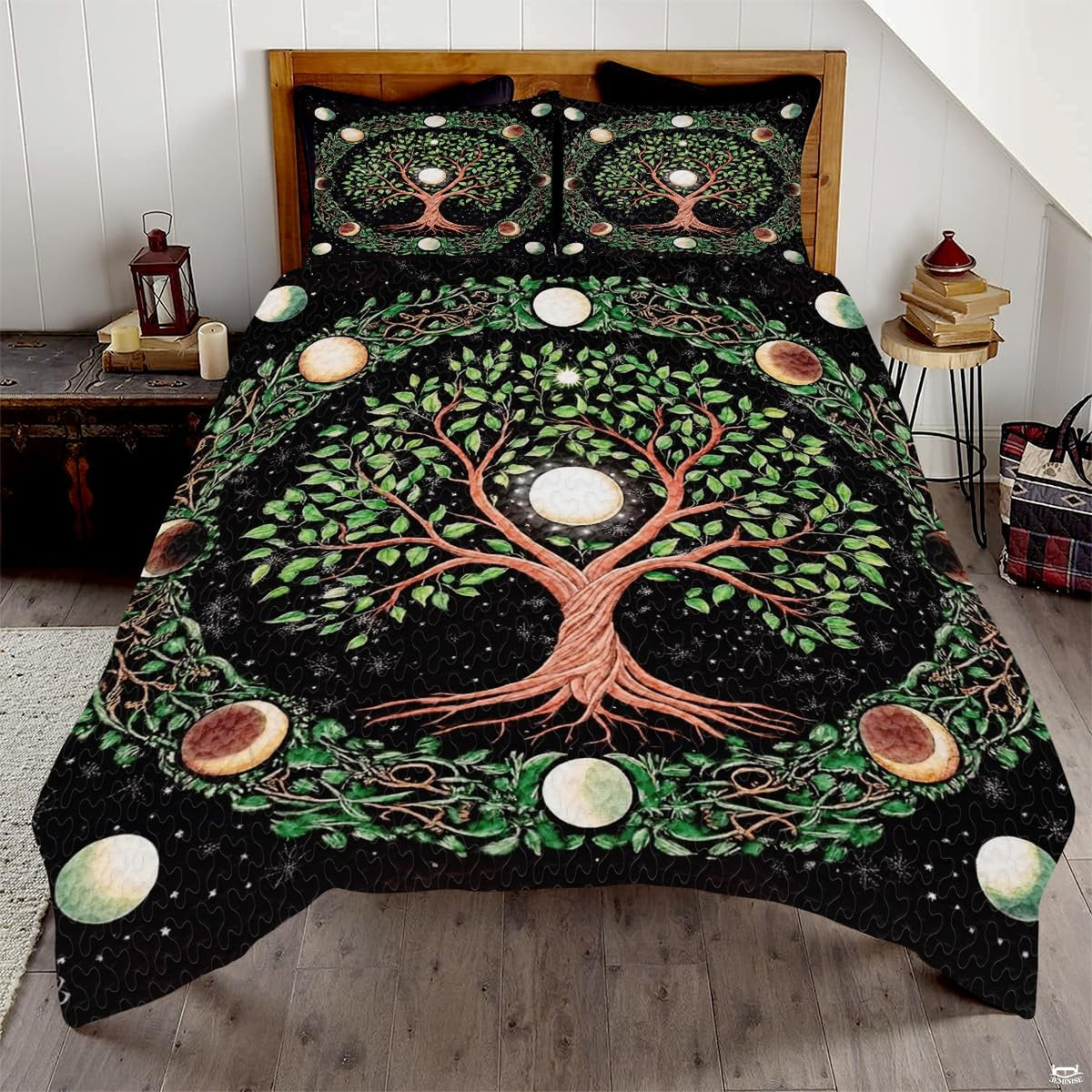 Celtic Tree of Life bedding displaying sacred world tree encircled by luminous moon phases on midnight black background