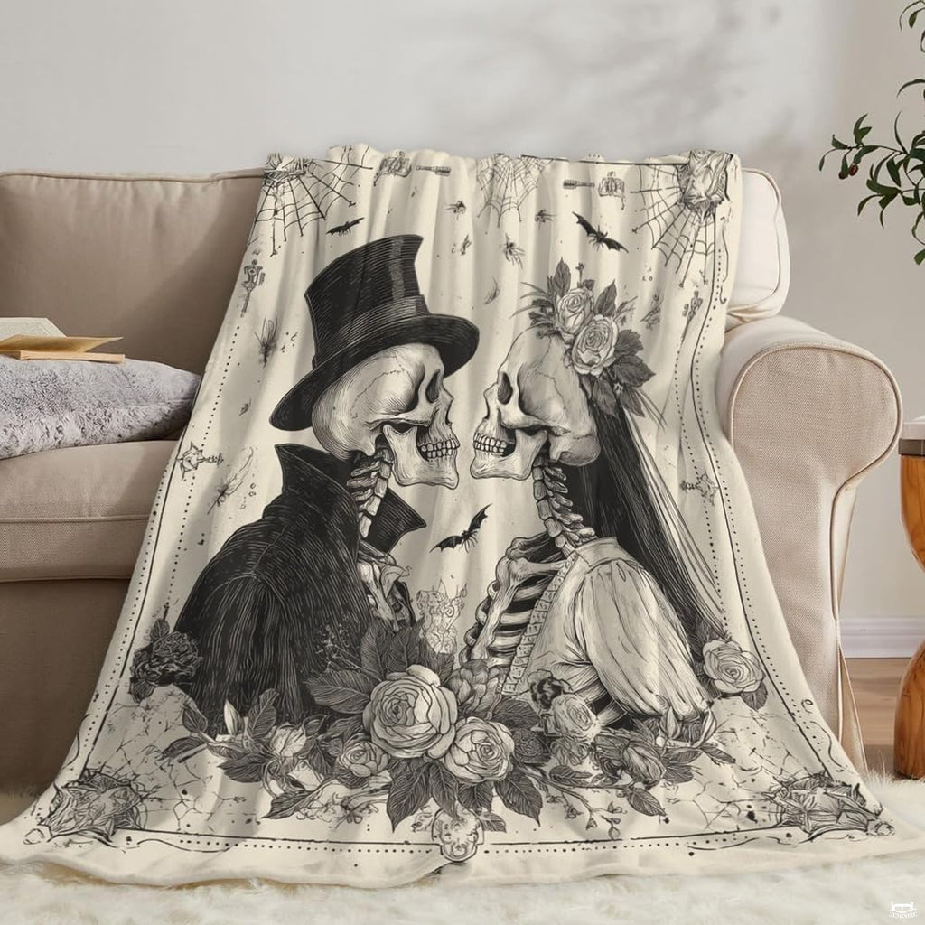 Monochrome charcoal skeleton illustration against ivory on romantic bedding set.