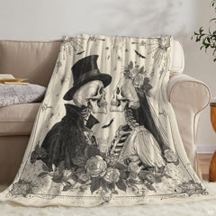 Monochrome charcoal skeleton illustration against ivory on romantic bedding set.