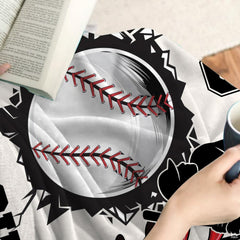 Baseball player silhouette with fractured ball and red lacing tracks, view 4.