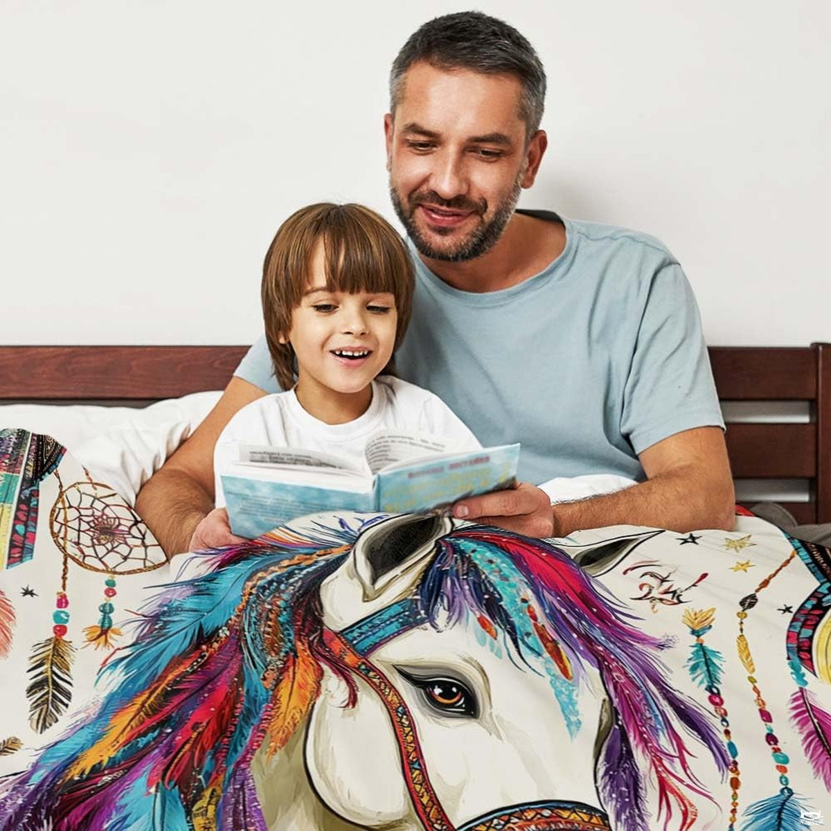 Folded corner presentation of boho tribal horse blanket showing vibrant border detail