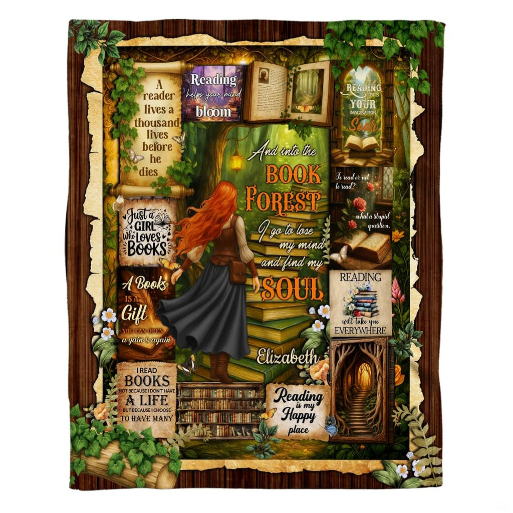 Whimsical book lover ascending staircase of books into enchanted forest library, view 7.