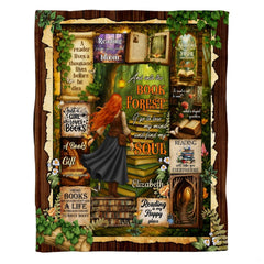 Whimsical book lover ascending staircase of books into enchanted forest library, view 7.