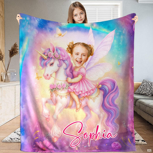 Fairy toddler bedding set motif featuring a winged girl riding a unicorn across a pastel galaxy sky.