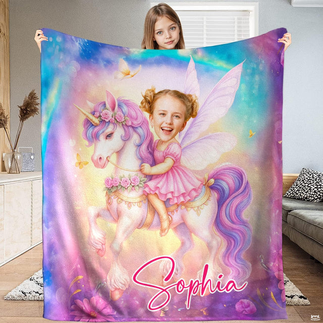 Fairy toddler bedding set motif featuring a winged girl riding a unicorn across a pastel galaxy sky.
