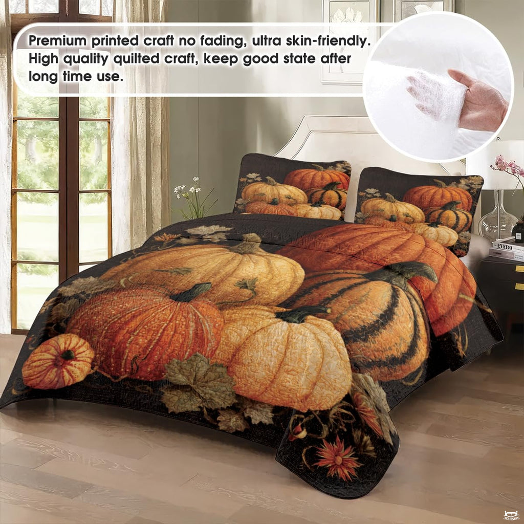Close-up view of golden pumpkin artwork and delicate autumn vines on dark bedding.